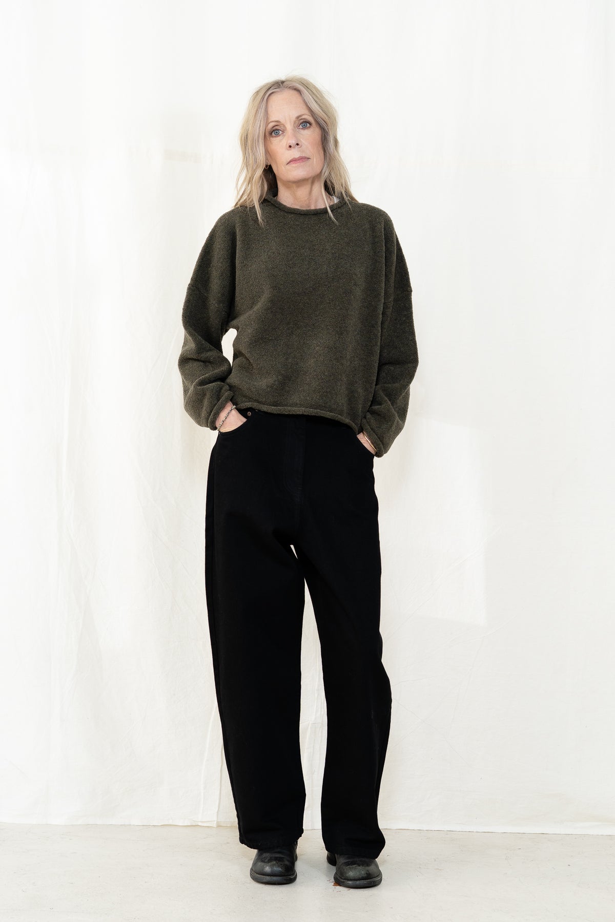 Micaela Greg Boucle Rolled Sweater in Dark Olive