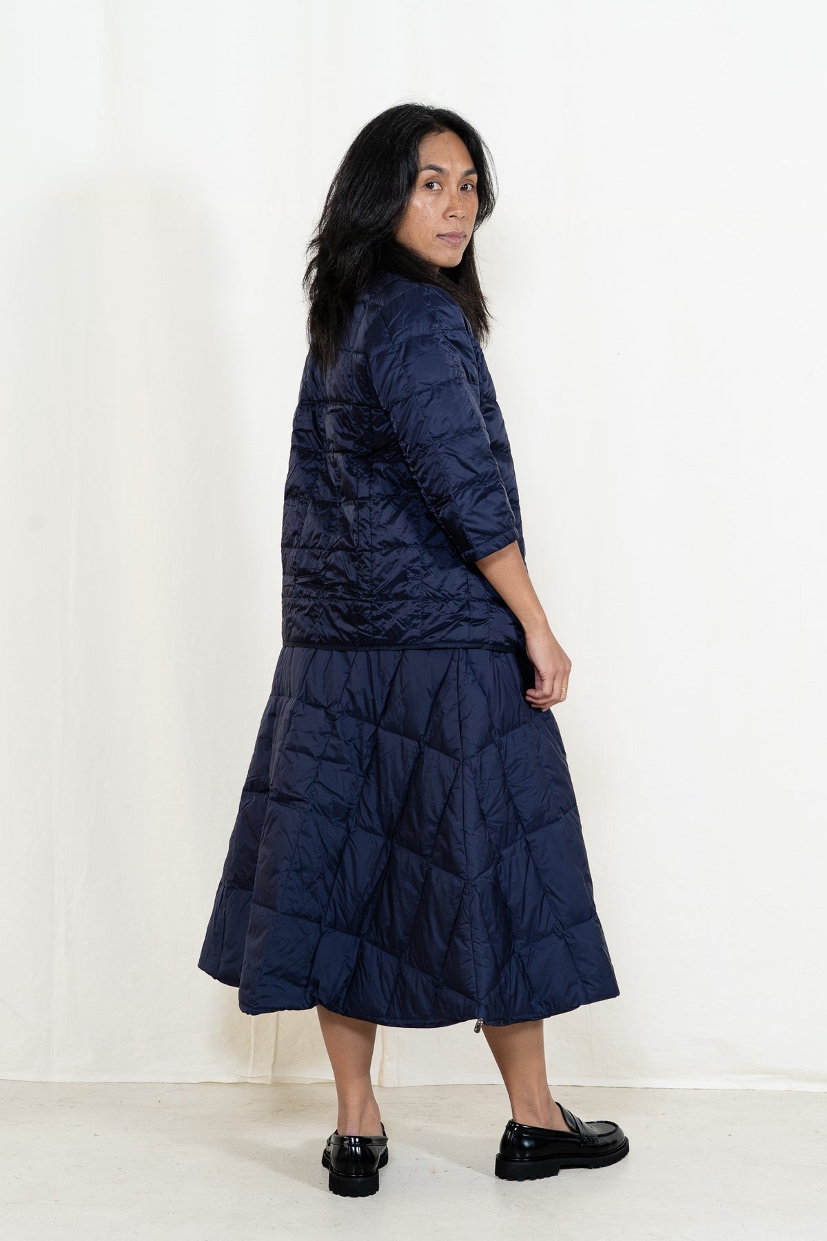TAION Down Flare Skirt in Dark Navy
