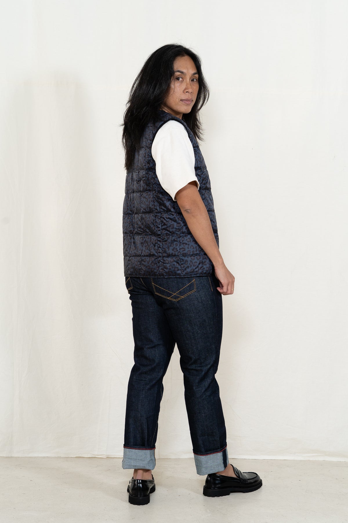 TAION Button Down Vest in Black Leopard
