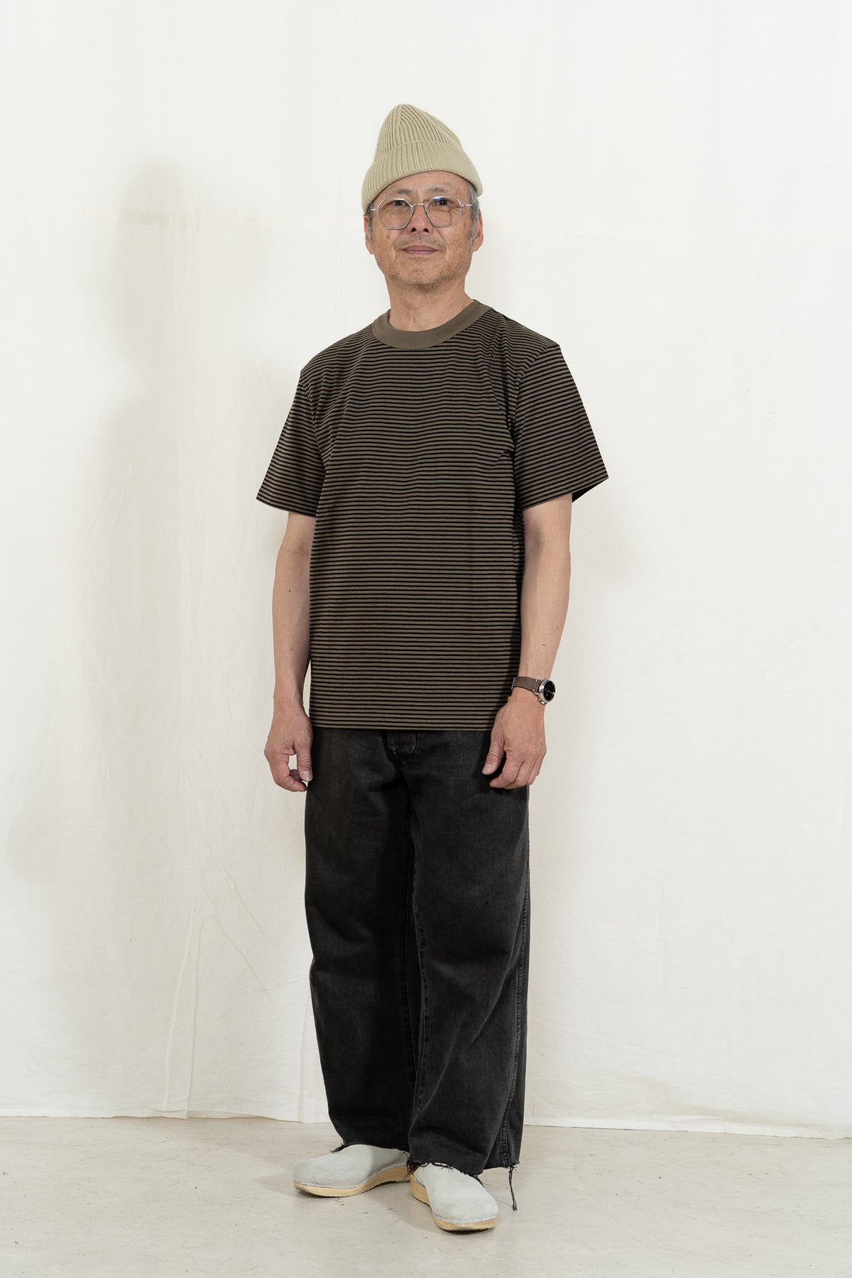 Armor-Lux Striped SS T-Shirt in Olive and Noir