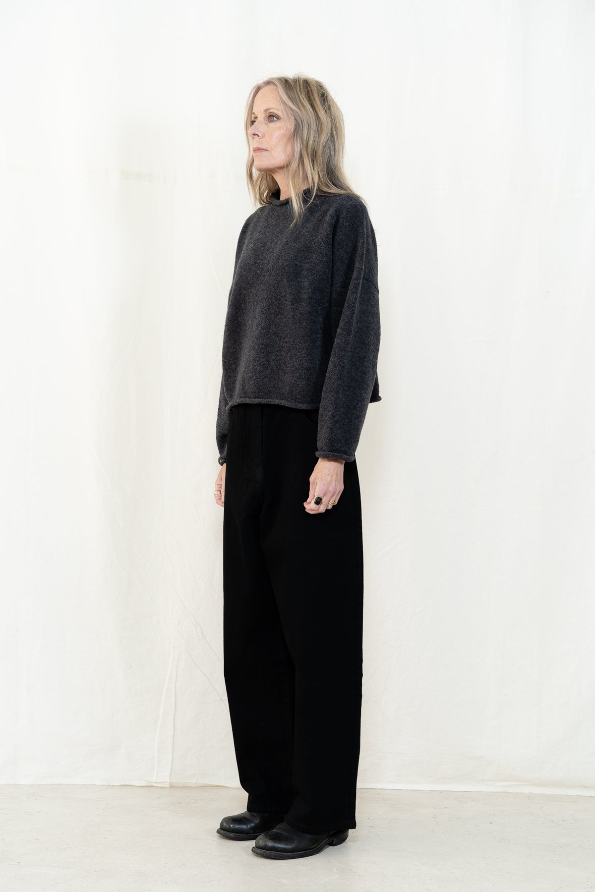 Micaela Greg Boucle Rolled Sweater in Charcoal