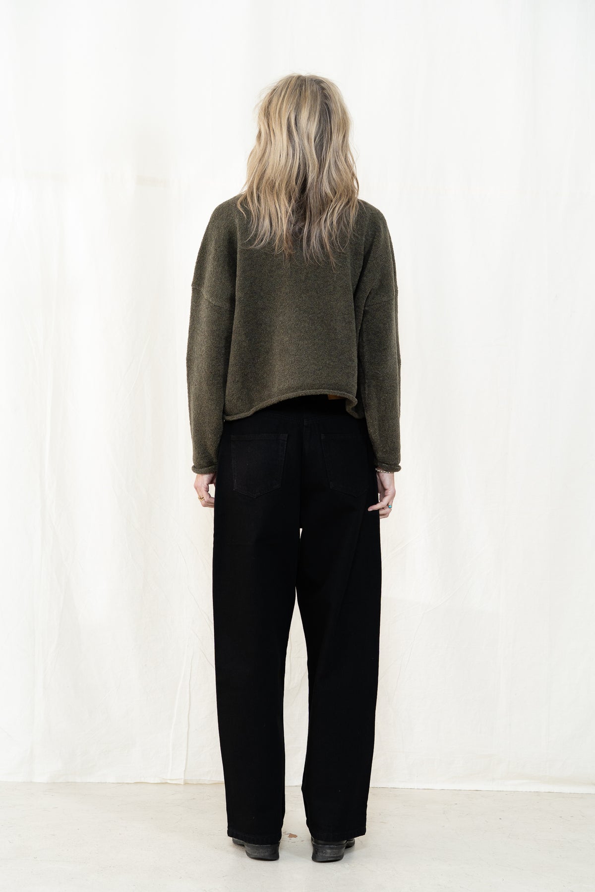 Micaela Greg Boucle Rolled Sweater in Dark Olive