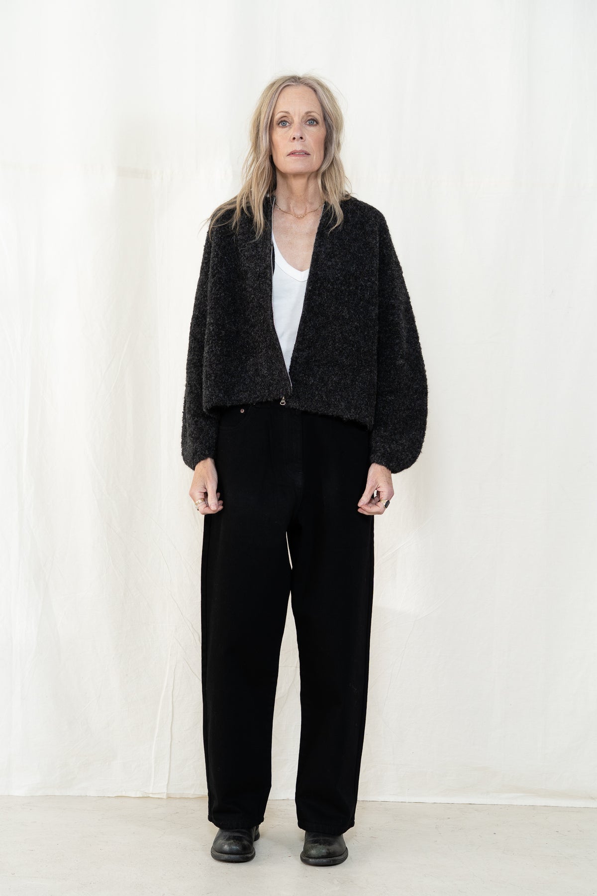 Micaela Greg Boucle Zip Cardigan in Charcoal
