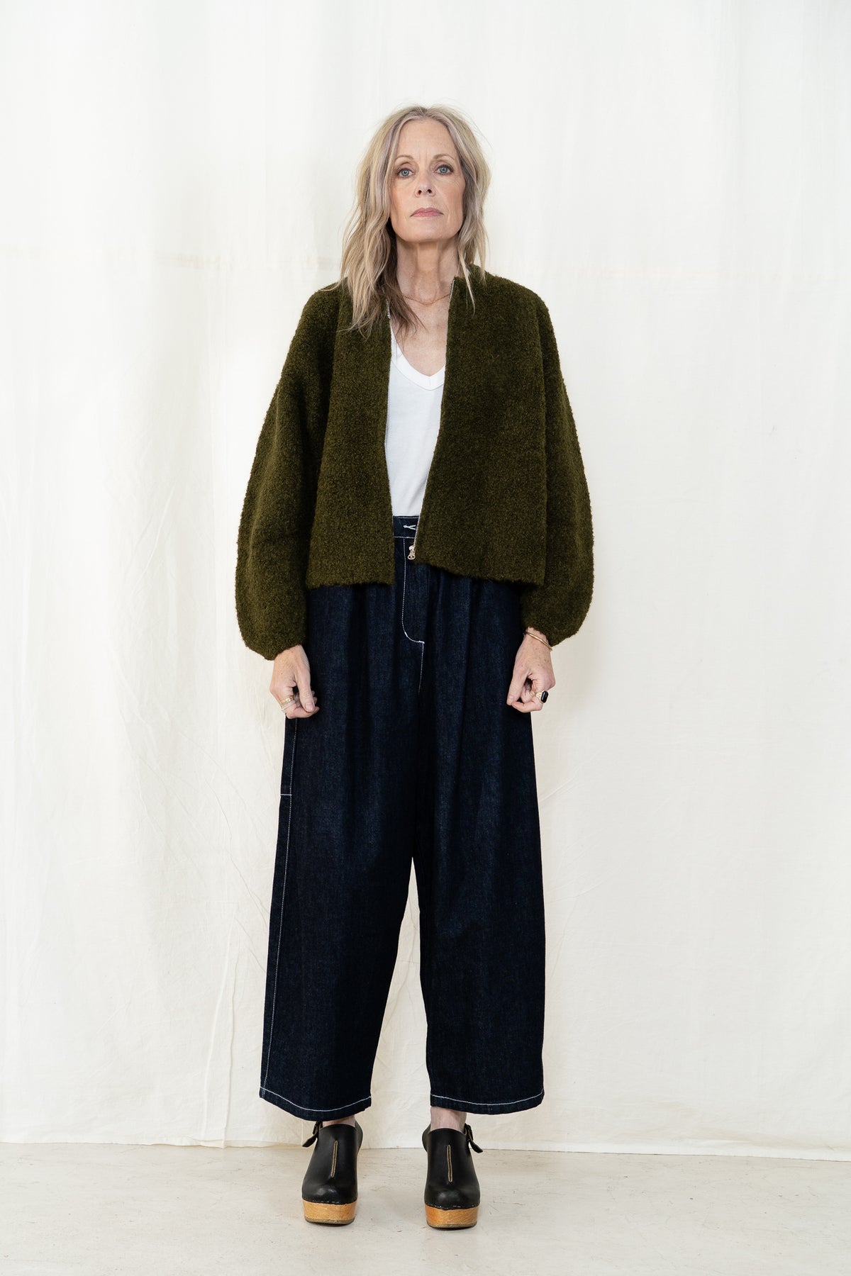 Micaela Greg Boucle Zip Cardigan in Olive