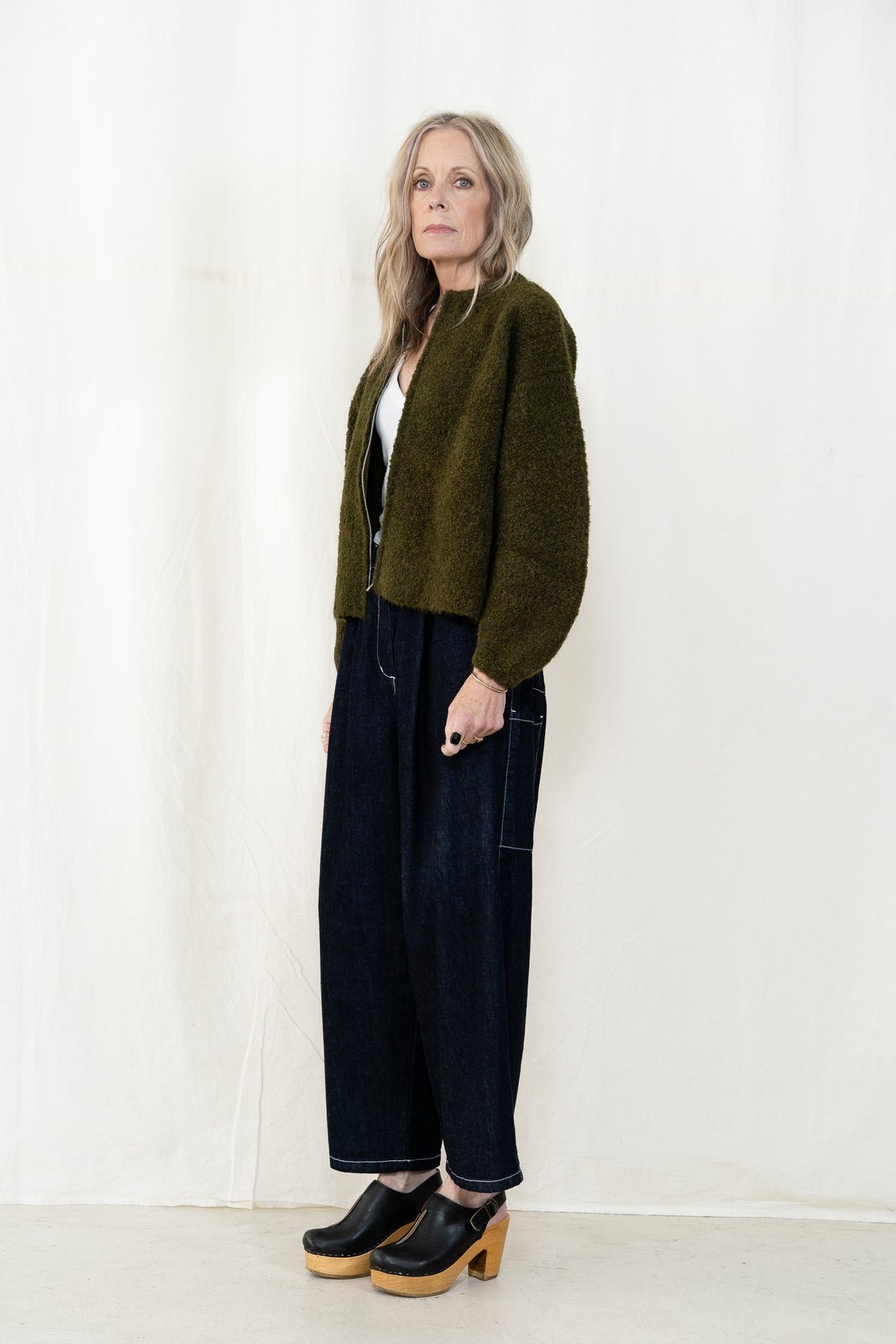 Micaela Greg Boucle Zip Cardigan in Olive