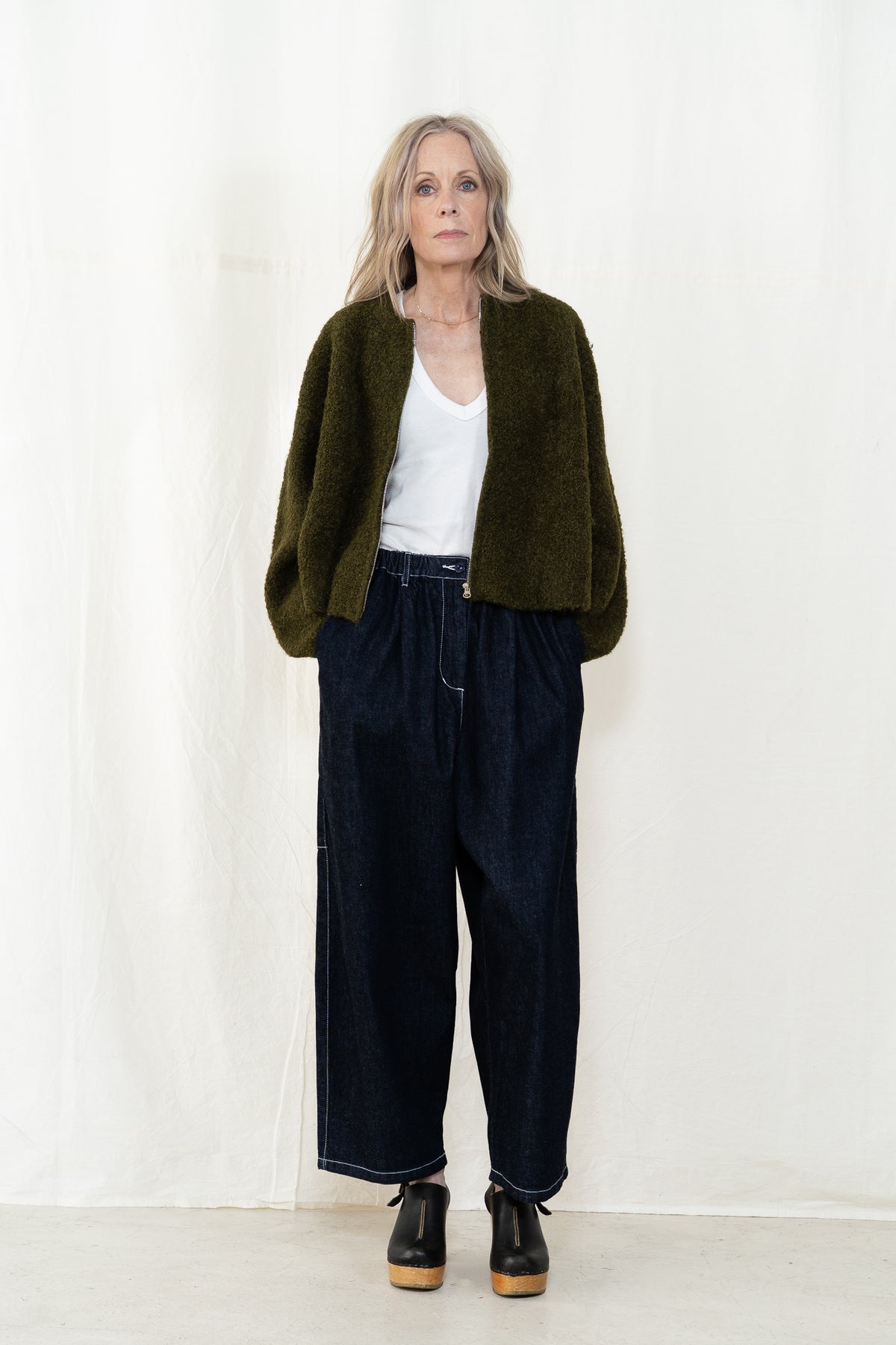 Micaela Greg Boucle Zip Cardigan in Olive
