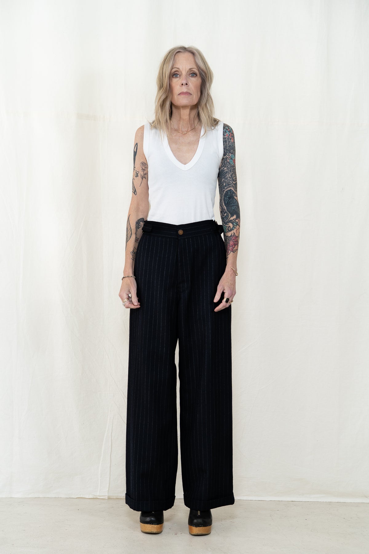 Hye Sun Mun Atelier Pants in Navy Pin Stripe
