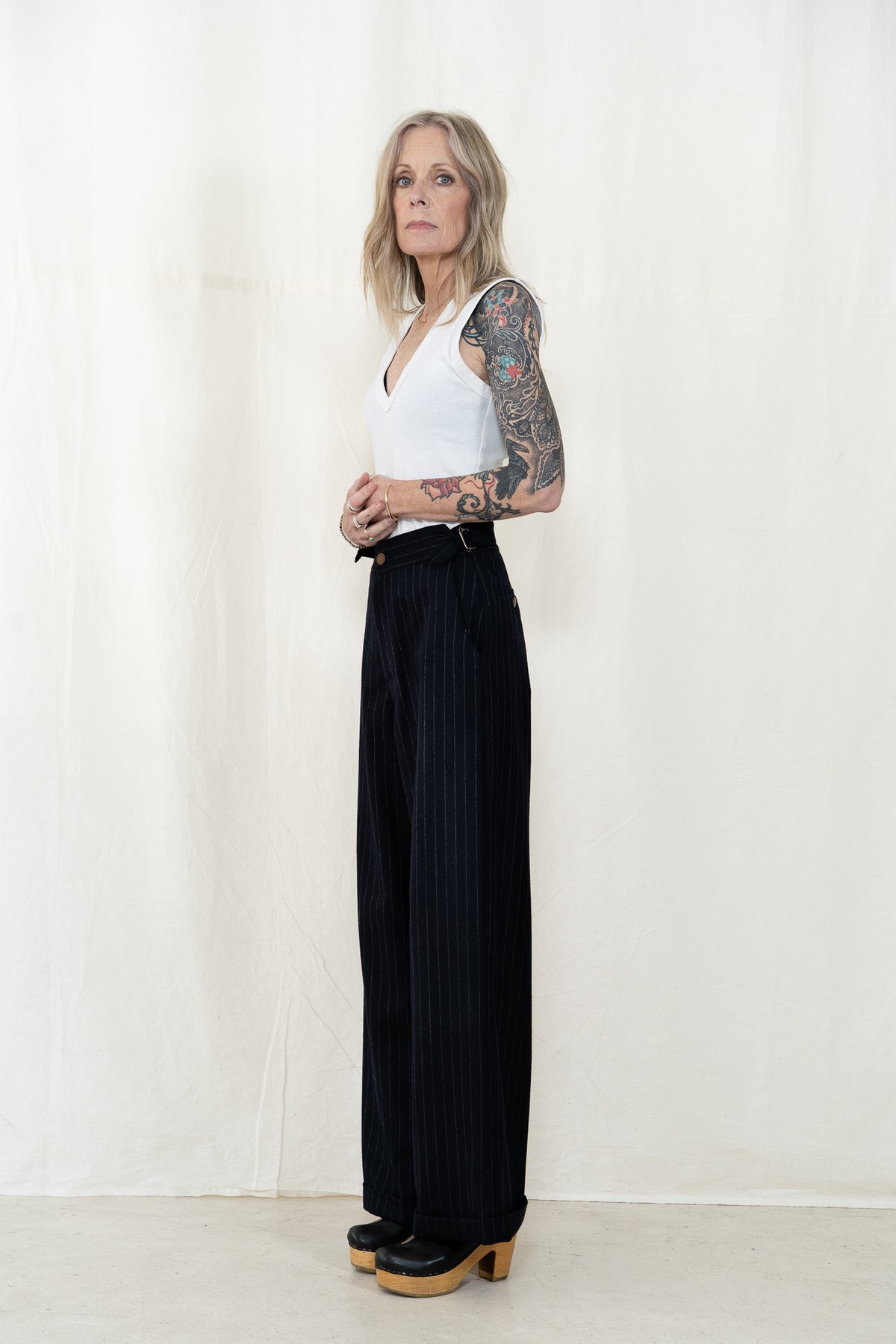 Hye Sun Mun Atelier Pants in Navy Pin Stripe