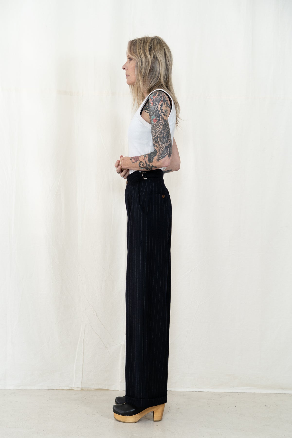 Hye Sun Mun Atelier Pants in Navy Pin Stripe