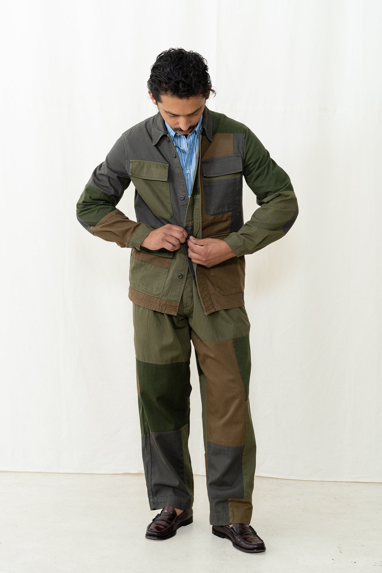 Universal Works MW Fatigue Jacket in Olive Patchwork